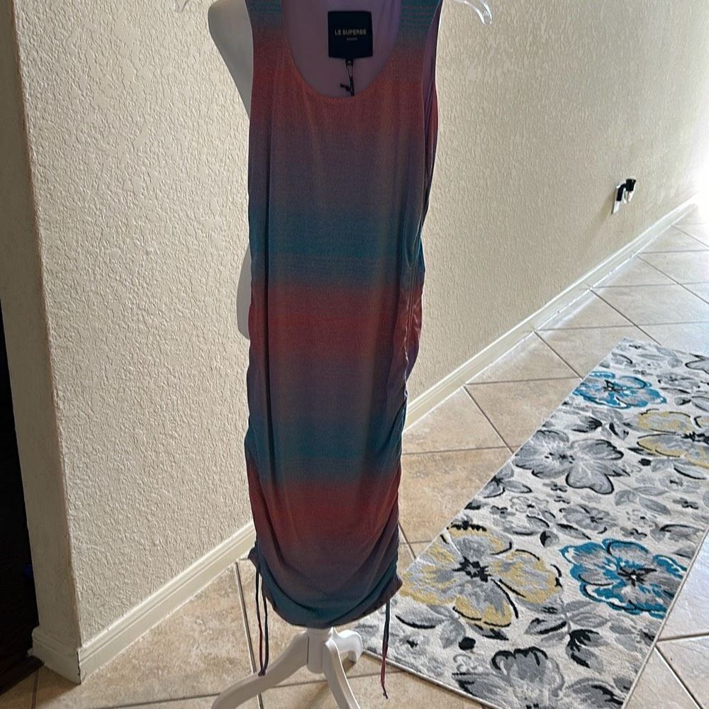 Le Superbe Womens Medium Baccara Metallic Tank Dress Blue Purple Striped NWT